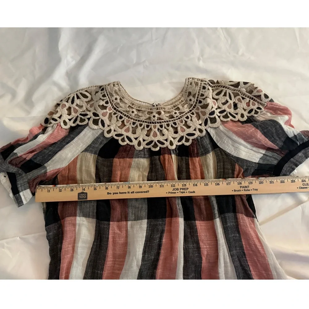 Anthropologie Plaid Crochet Lace Yoke Blouse Pink Navy XL